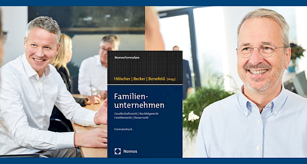 ALPMANN FRÖHLICH-partners Johannes Dokters en Dr. Hansjörg Piehl te zien, co-auteurs van het nieuwe Formularbuch Familienunternehmen. Centraal staat de boekcover, die hun expertise op het gebied van familiebedrijven onderstreept.